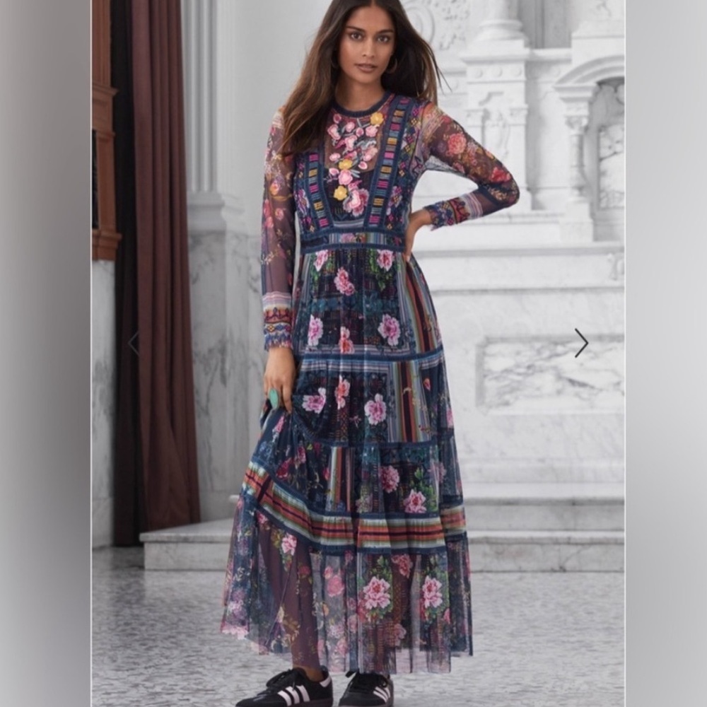 Johnny Was Navy Floral Maxi Dress with Pink Roses and Multicolor Stripes